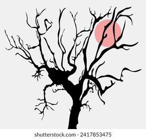 Ramas de árbol en fondo azul con sol, ilustración vectorial