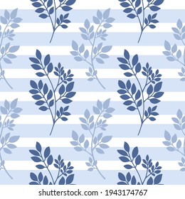 Ramas de árbol con fondo rayado blanco azul. Plantas abstractas, pelucas de silueta con hojas. Patrón sin soldadura floral, textura vectorial para el diseño de la impresión textil, raspado, envoltura, papel regalo