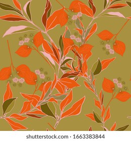 Ramas de árbol con hojas anaranjadas sobre un fondo verde sabio. Patrón sin inconvenientes con motivos florales. Ilustración vectorial.