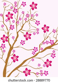 Ramas de árbol con fondo de flores rosas