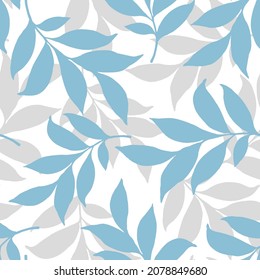 Tree branches seamless pattern. blue leaves silhouette wallpaper. Decorative twigs. Nature background. Vintage vector illustration. Design for fabric, textile print, wrapping paper, cover.