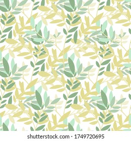 Tree branches seamless pattern.  Green leaves silhouette wallpaper. Decorative twigs. Nature background. Vintage vector illustration. Design for fabric, textile print, wrapping paper, cover. 