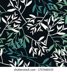 Tree branches seamless pattern on black background. Leaves silhouette wallpaper. Decorative twigs. Design for fabric, textile print, wrapping paper, cover. Vintage vector illustration. 