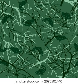Tree branches, seamless print with fish and fishing rods.