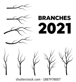 Tree branches set closeup watercolor. Vector tree branches silhouette  