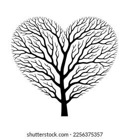 Tree with branches shaped like heart symbol, without leaves, black silhouette over white background. Love and family concept, beauty in nature, healthy life. Creative decorative design element