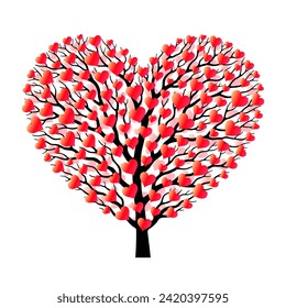 Tree with branches shaped like heart symbol, and many small heart symbols in red colors instead of leaves, over white background. Love and family concept. Creative decorative design