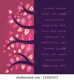 Tree with Branches and Shiny Pink Purple Leaves. Background with Place for Text