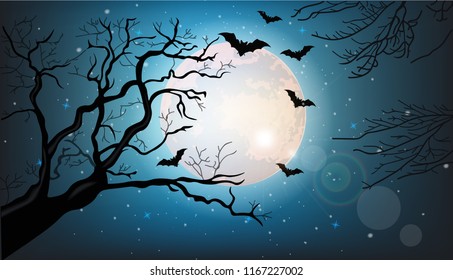 Tree branches silhouette and bats flying at night Vector. Full moon. Halloween concepts