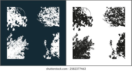 Tree branches silhouette black and white clip art corner illustrations set