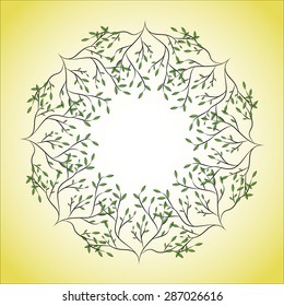 tree branches silhouette isolated over green background with lot of leaves.