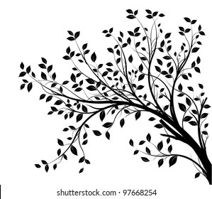 tree branches silhouette isolated over white background with lot of leaves, border of a page