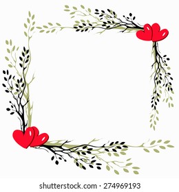 tree branches silhouette and red hearts isolated over white background 