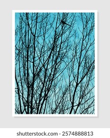 Tree branches silhouette in winter forest. Poplar black trunk and branches with bird on background of blue sky. Poster with trees silhouette pattern and watercolor texture, vector illustration