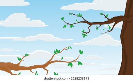Tree branches with Sky Clouds View Background, Cartoon Sky Background Vector