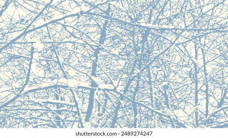 Tree branches with snow in winter texture, vector abstract natural grunge background.