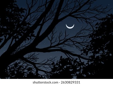 Tree branches stretch gracefully toward a shimmering crescent moon and a sprinkle of twinkling stars