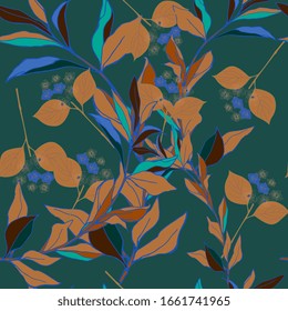 Tree branches with tan brown leaves on a forest green background. Seamless pattern with floral motifs. Vector illustration.