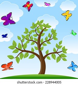tree and bright varicoloured butterflies,vector illustration