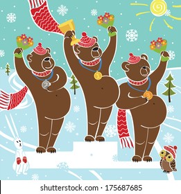 Tree brown bear champion standing on pedestal. Competitions in winter sports. Awarding of the winners.Snow-covered landscape.Humorous illustration, cartoon