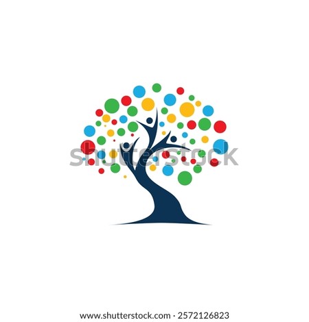 A tree with a brown trunk and colorful dots for leaves. Three people are forming the branches of the tree.
