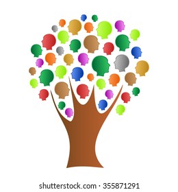Tree with a brown trunk treetop with leafs of colored human faces and brown branches on a white background