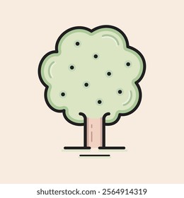 Tree with brown wood trunk, green crown and fruits filled vector icon. Cute and iconic spring tree line art illustration