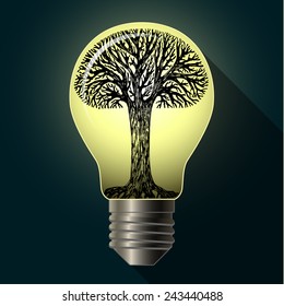 Tree in the bulb on dark background. Concept of ecology. Vector illustration