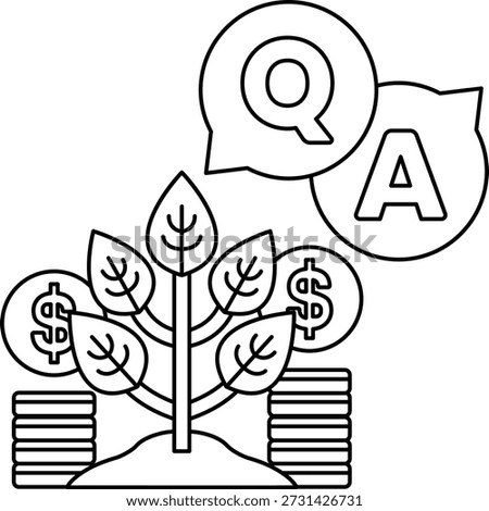 A tree with a bunch of coins on the ground and a Q and A sign above it. The tree represents growth and the coins represent wealth. The Q and A sign represents the idea of asking questions