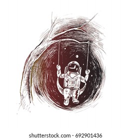Tree bunch hanging astronaut space mission, Hand Drawn Sketch Vector illustration.