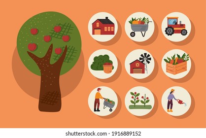 Baum- und Bundle von neun Bauernhof- und Landwirtschaftseinrichtungen, Symbole Vektorgrafik-Design