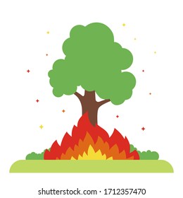 the tree burns in nature. big fire. flat vector illustration.