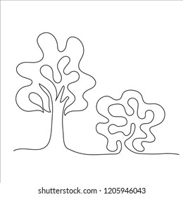 Tree and bush continuous line one line vector