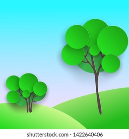 A tree and a Bush with a crown of paper circles. Eco-card. Eco-friendly place to stay. vector illustration in paper cut style.