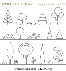 Tree bush flower berry grass natural plant graphical line art style icon set. Line art collection.