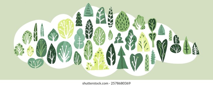 Tree bush grass in green eco-friendly garden cute childish vector illustration. Abstract minimal design, freehand doodle, watercolor texture, simple shape, Scandi poster decoration, nature landscape