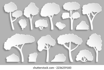 Tree and bush paper cut set. Forest foliage landscape floral outdoor flat cuting element. Different shape botanical park plant. Kirigami natural eco garden. Maple oak birch aspen ash white silhouette