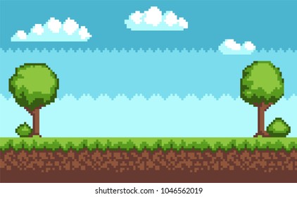 Tree and bush pixel style vector illustration landscape with sky grass and ground. Green plants for 2D game decor, vector tree bush greenery elements