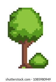 Tree and bush pixel style vector illustration isolated on white background. Green plants for 2D game decor, vector with greenery elements