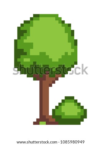 Tree and bush pixel style vector illustration isolated on white background. Green plants for 2D game decor, vector with greenery elements