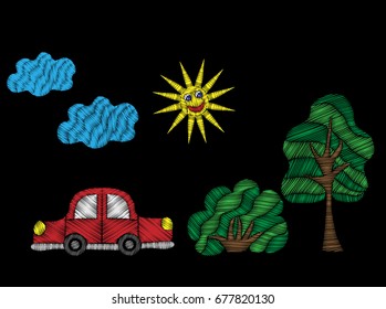 Tree and bush with red car and sun embroidery stitches imitation. Fashion embroidery patch transport on black background. Embroidery tree and bush with car vector.