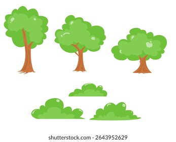 Tree and bush set cartoon. Plant illustration. Jungle element. Can be used for wallpaper, sticker, and decoration