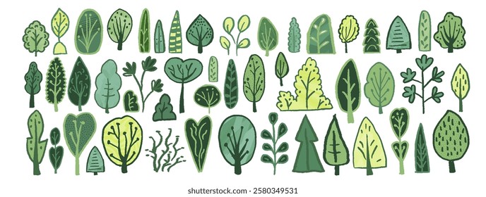 Tree bush shrub in green forest grove cute minimal vector illustration. Abstract eco-friendly design, freehand doodle, watercolor texture, simple silhouette, nature decoration and landscape collage