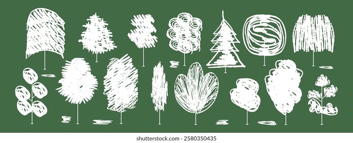 Tree bush shrub silhouette in winter forest. Cute simple vector illustration. Eco-friendly elements with chalk design, crayon pencil texture. Flat lines, pastel grunge detail, nature icon and symbol