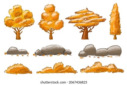 Colección de árboles, arbustos y piedras en el otoño de acuarela pintada a mano
