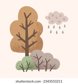 Tree, bushes and cloud with rain in a naive children's style. Autumn colored illustration. Clipart for the design of greeting cards, invitations, prints, stickers and patterns.