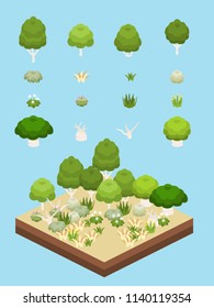 Tree, bushes, and flowers for game-style isometric Australian scrub biome and eucalyptus forest scene.