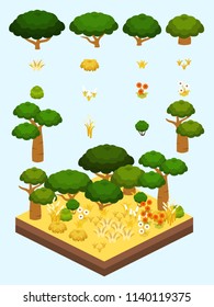 Tree, bushes, and flowers for game-style isometric African savannah biome.