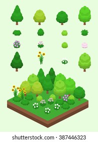 Tree, Bushes, And Flowers For Isometric Green Summer Scene.