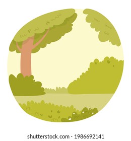 Tree with bushes in garden or park background. Green branches, lawn with grass, plants blossoming vector illustration. Field in summer wallpaper, front view.